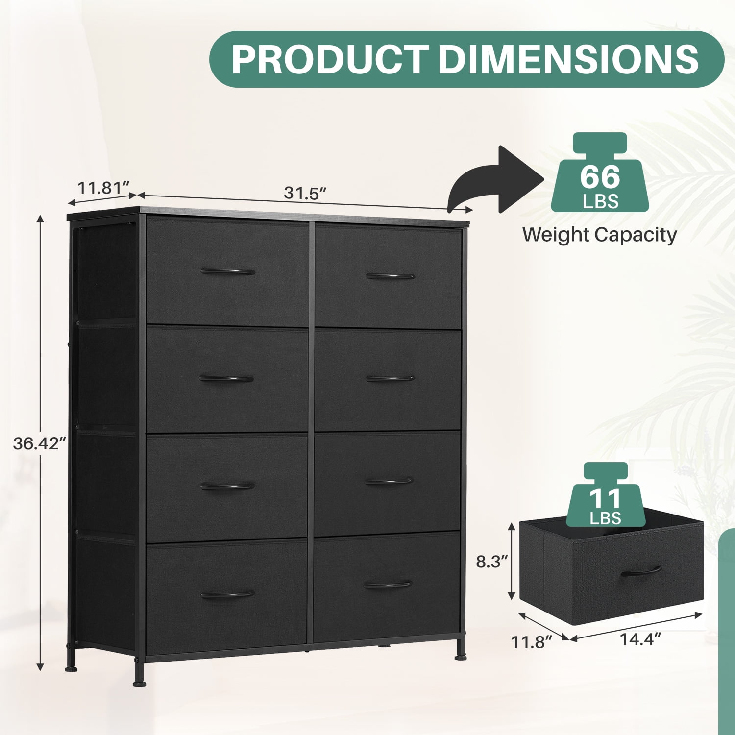 TINKLE WELL 8 Drawers Dresser for Bedroom with Metal Frame, Wood Tabletop, Storage Chest Drawers, Black