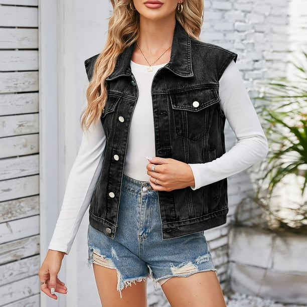 Chaqueta vaquera sin mangas y chaquetas de moda para mujer, primavera y verano, sin mangas, sin sombrero, chaqueta vaquera, abrigo para mujer
