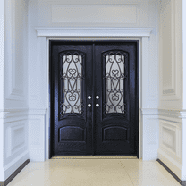 72" x 80" Environment Damage Resistant Polyurethane Composite Exterior Entry House Front Door, Wrought Iron Door w/Openable Tempered Rain Glass Window, Right-Hand Double Door Inward Swing Espresso