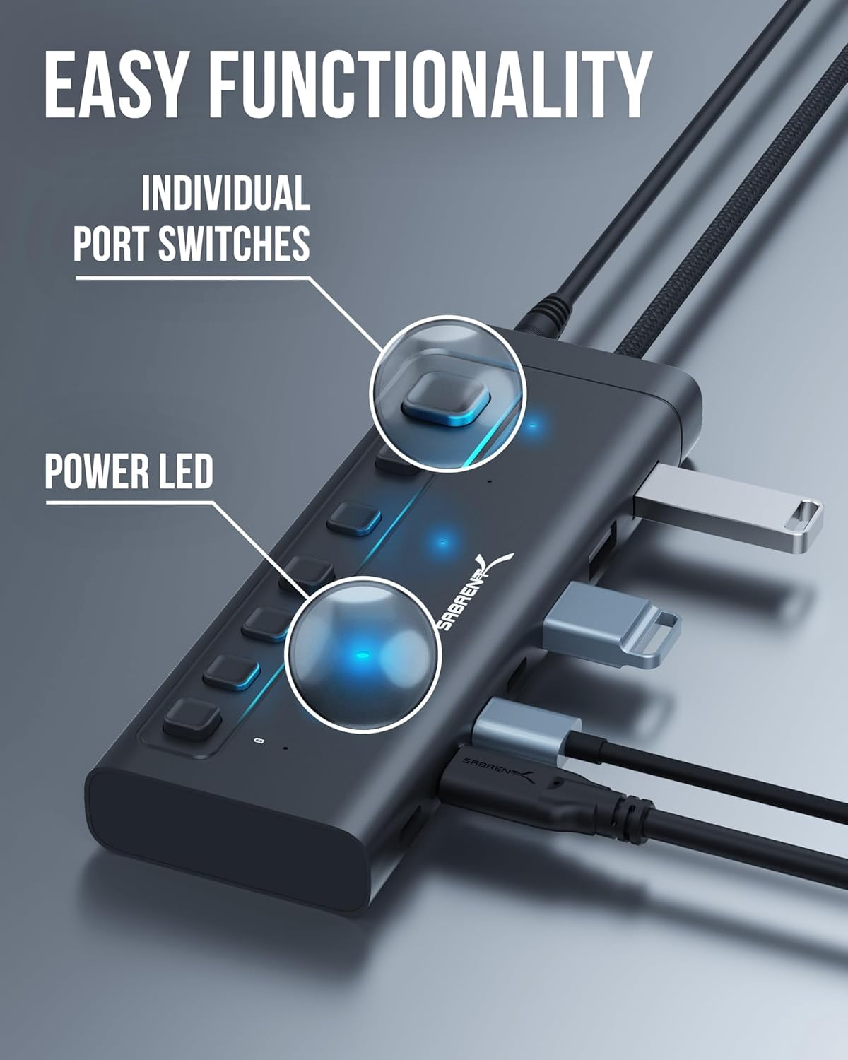 7-Port USB-C Hub with Power Switches, 5Gbps USB 3.2, 48W Powered Hub with 3 USB-A + 4 USB-C Ports, 20W PD, LED Status, Aluminum Body – for Mac, PC, Steam Deck, ROG Ally (HB-3A4C)