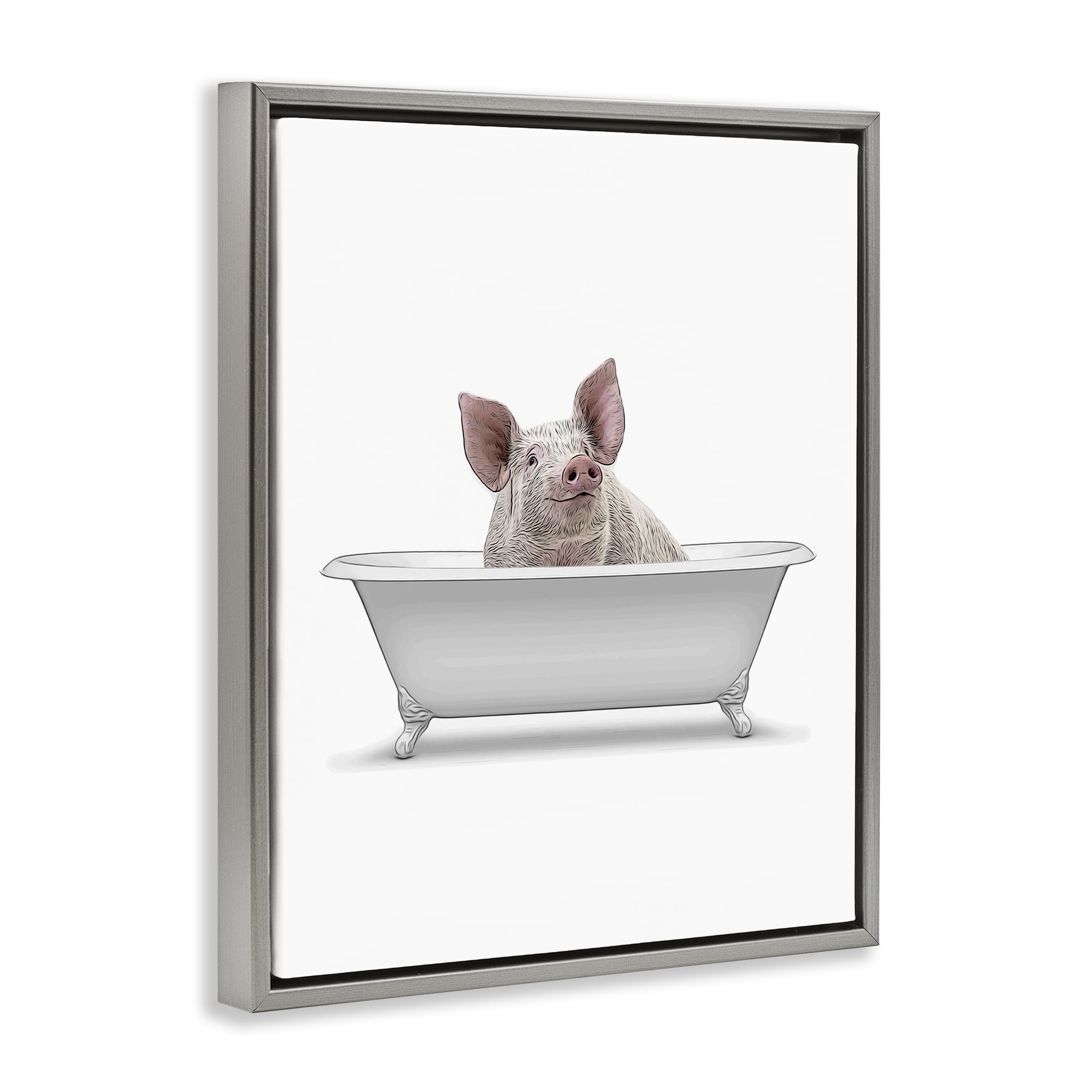 Stupell Industries Traditional Pig in Bath Bath & Laundry Painting Gray Floater Framed Canvas Art Print Wall Art, 25 x 31