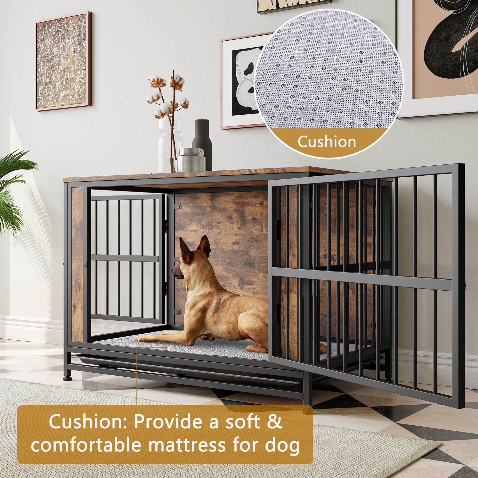 Pefilos 38.9" Furniture Style Dog Crates for Indoor, Pet Kennels with Removable Trays and 2 Sliding Doors, Heavy-Duty Dog Cage, Brown