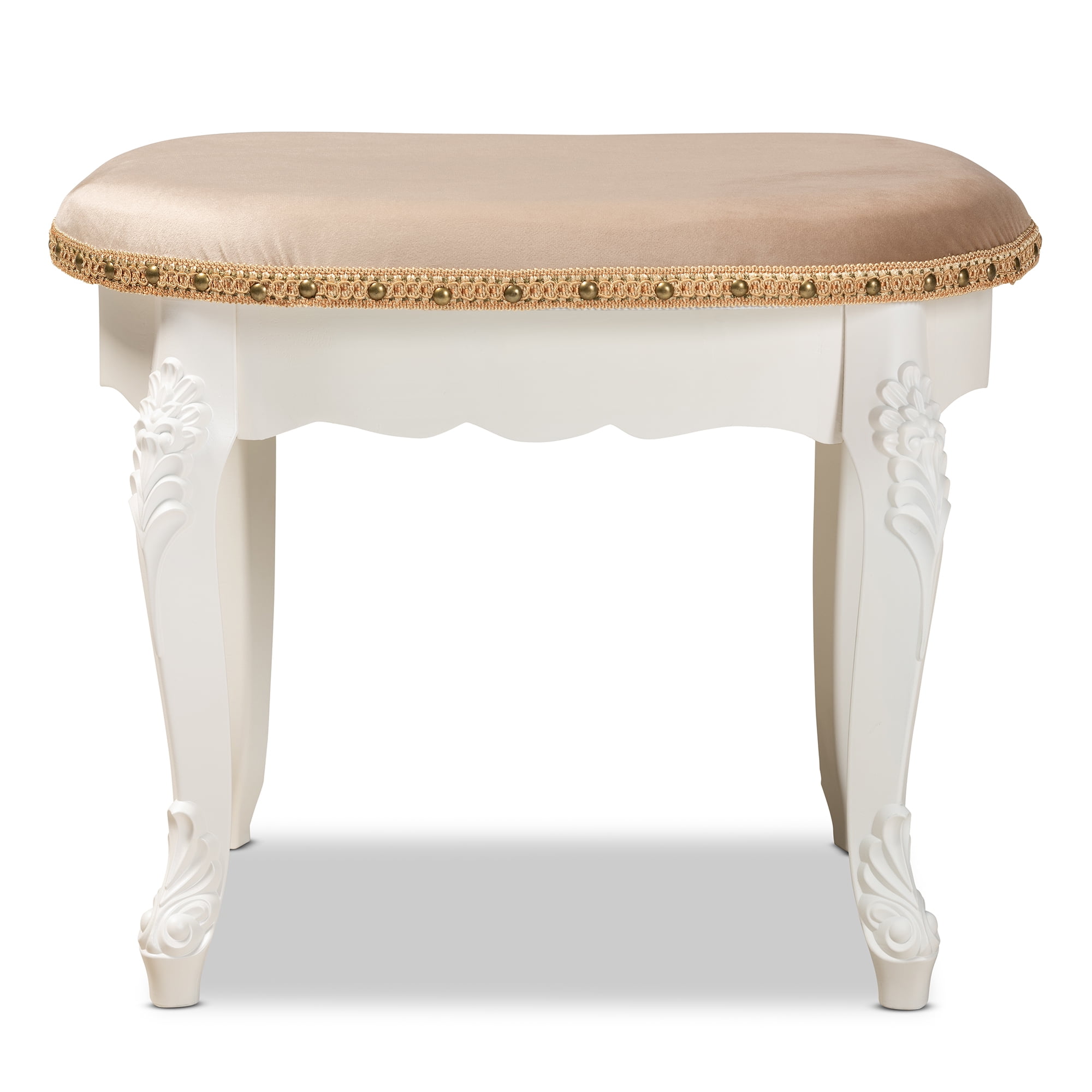 Baxton Studio Gabrielle Traditional French Country Provincial Sand Velvet Fabric Upholstered White-Finished Wood Vanity Ottoman