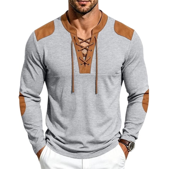 Mens Lace Up Shirt Medieval Viking Tunic Henley Long Sleeve Waffle Texture Top Loose Fit Casual Pullover for Men Gothic Renaissance Costume Blue L