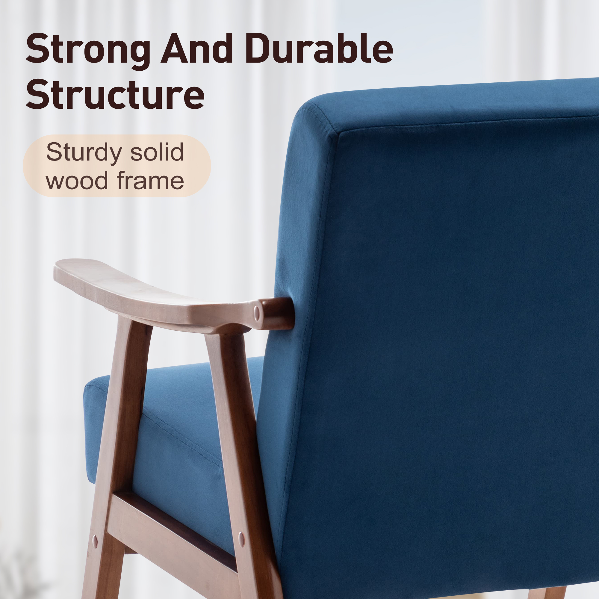 Leumius Mid-Century Accent Chair,Modern Velvet Fabric Armchair for Living Room,Comfy Upholstered Reading Chair Arm Chair with Solid Wood Frame and Extra-Thick Backrest for Bedroom,Blue
