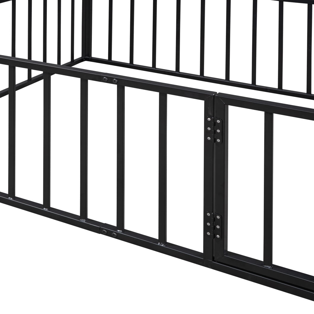 Full Size Metal Floor Bed Frame with Fence and Door, Montessori Bedframe, No Box Spring Needed, Easy to Install, Black