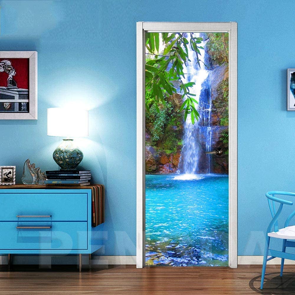 Waterfall Tree Nature Landscape Wallpaper Door Trompe L'Oeil For Living Room Bedroom Home Decoration Wall Stickers Self Adhesive Removable Decals 77X200Cm