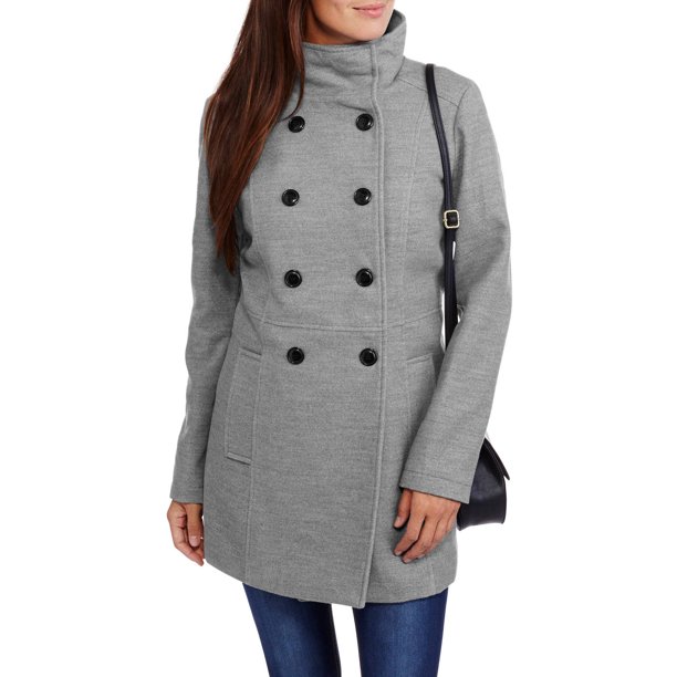 Women's Faux Wool Double-Breasted Peacoat with Stand Collar - Walmart.com