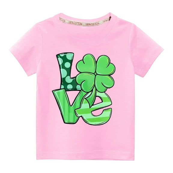Alkepwun St Patricks Day Unisex Kids Short Sleeve Shirt Holiday Cute Love Shamrock Graphic Tees Boys Girls Cotton Tops 4-14 Years
