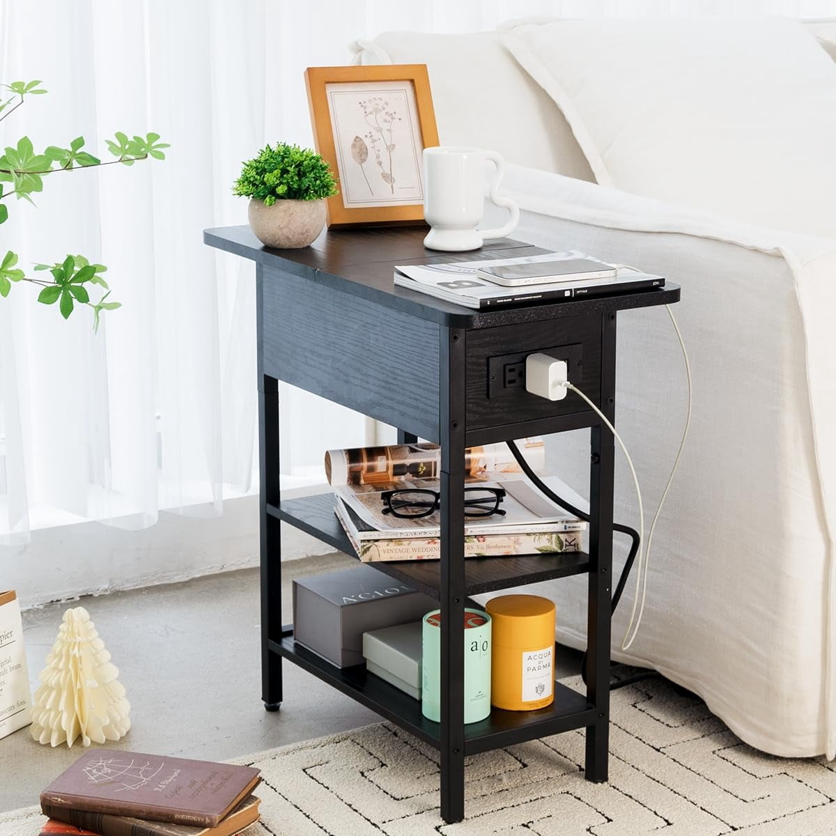 End Table with Charging Station, Flip Top Side Table with USB Ports and Outlets,Small Table Bedside Tables with Storage Shelf for Living Room, Bedroom