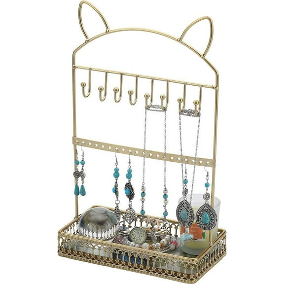 Cat Jewelry Holder Jewelry Stand Organizer 2-Tier Earring Holder Organizer with 20 Holes 8 Hanging Hooks Necklace Jewelry Racks Finger Ring Bracelets Storage