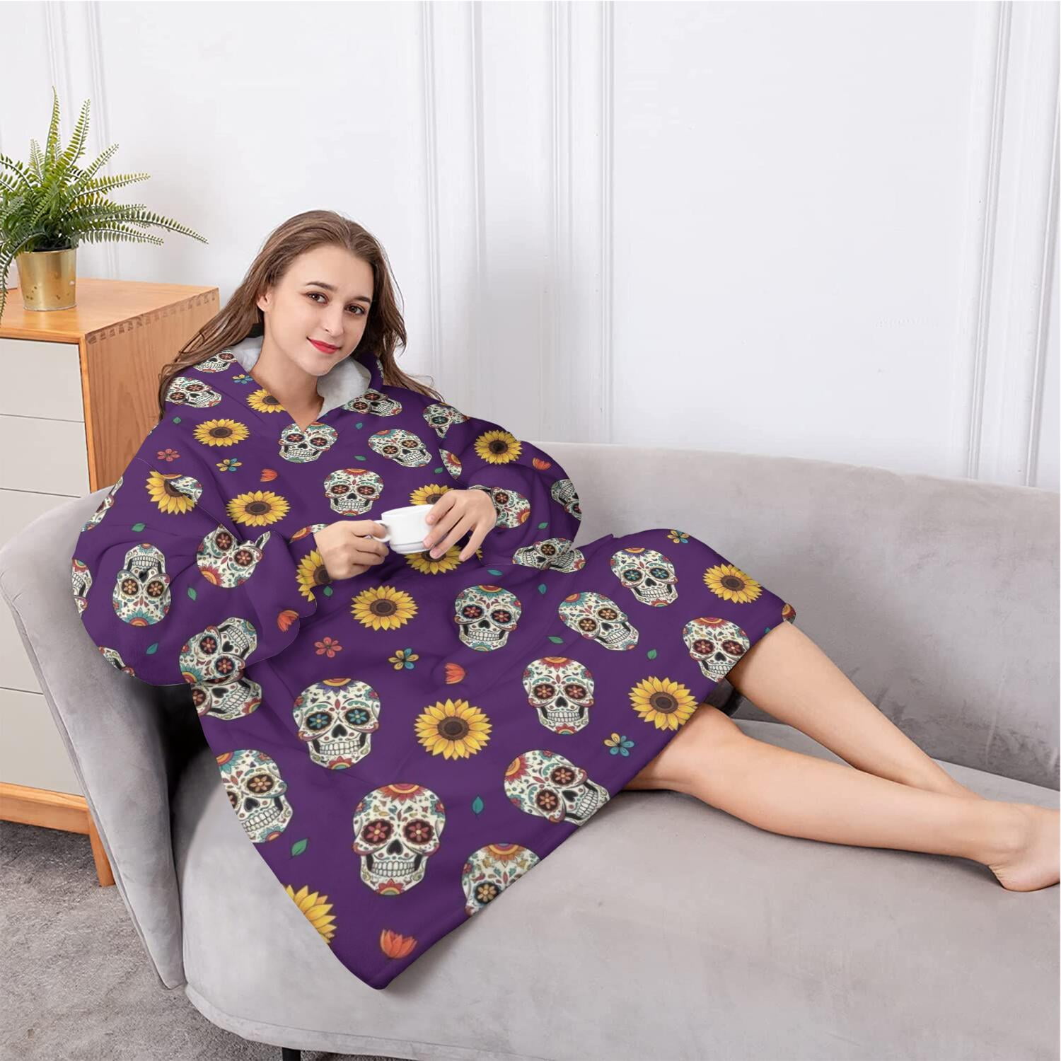 Oversized Wearable Blanket Hoodie,Purple Skull Sunflower Pattern Sherpa Blanket Hoodie with Super Pockets,Super Warm Fuzzy Pullover for Women & Men