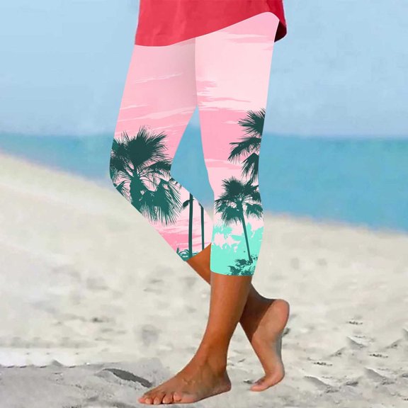 Inverlee Women's Cute Hawaiian Print Capri Yoga Pants Summer Trendy High Waist Slim Fit Leggings Athletic Casual Thermal Basic Bottoms