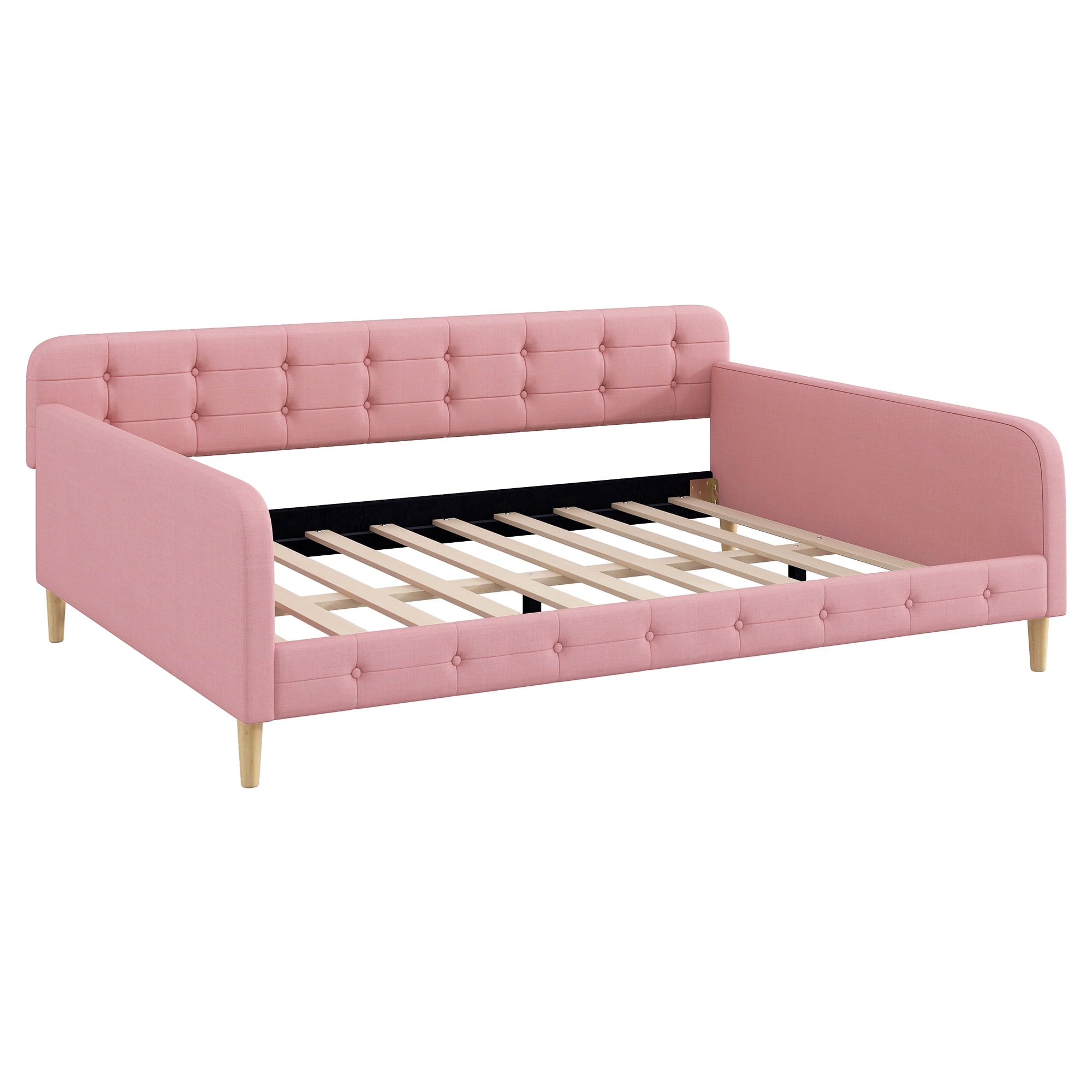 Queen Size Upholstered Daybed,Modern Linen Fabric Tufted Sofa Bed with 4 Support Wood Legs,Pink