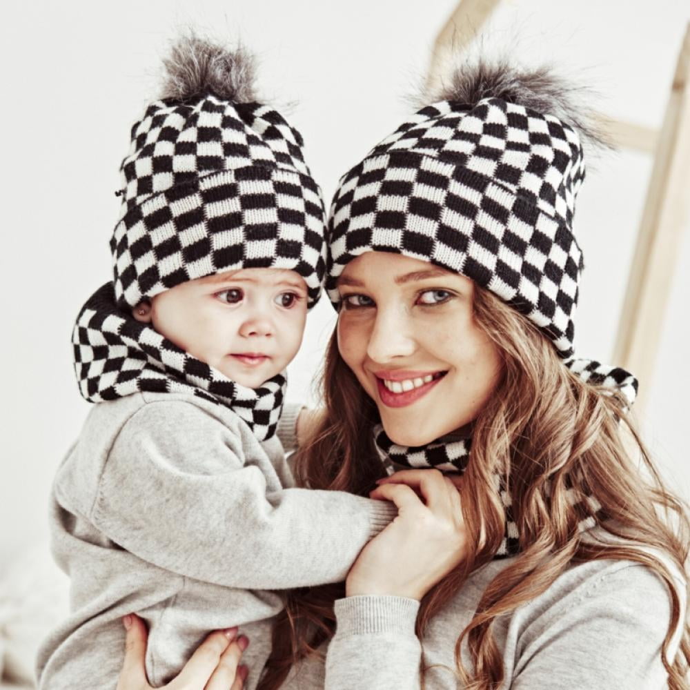 Thick Hats and Scarves Real Pom Pom Set for Mother s Girls Boys Beanie Knitted Cap