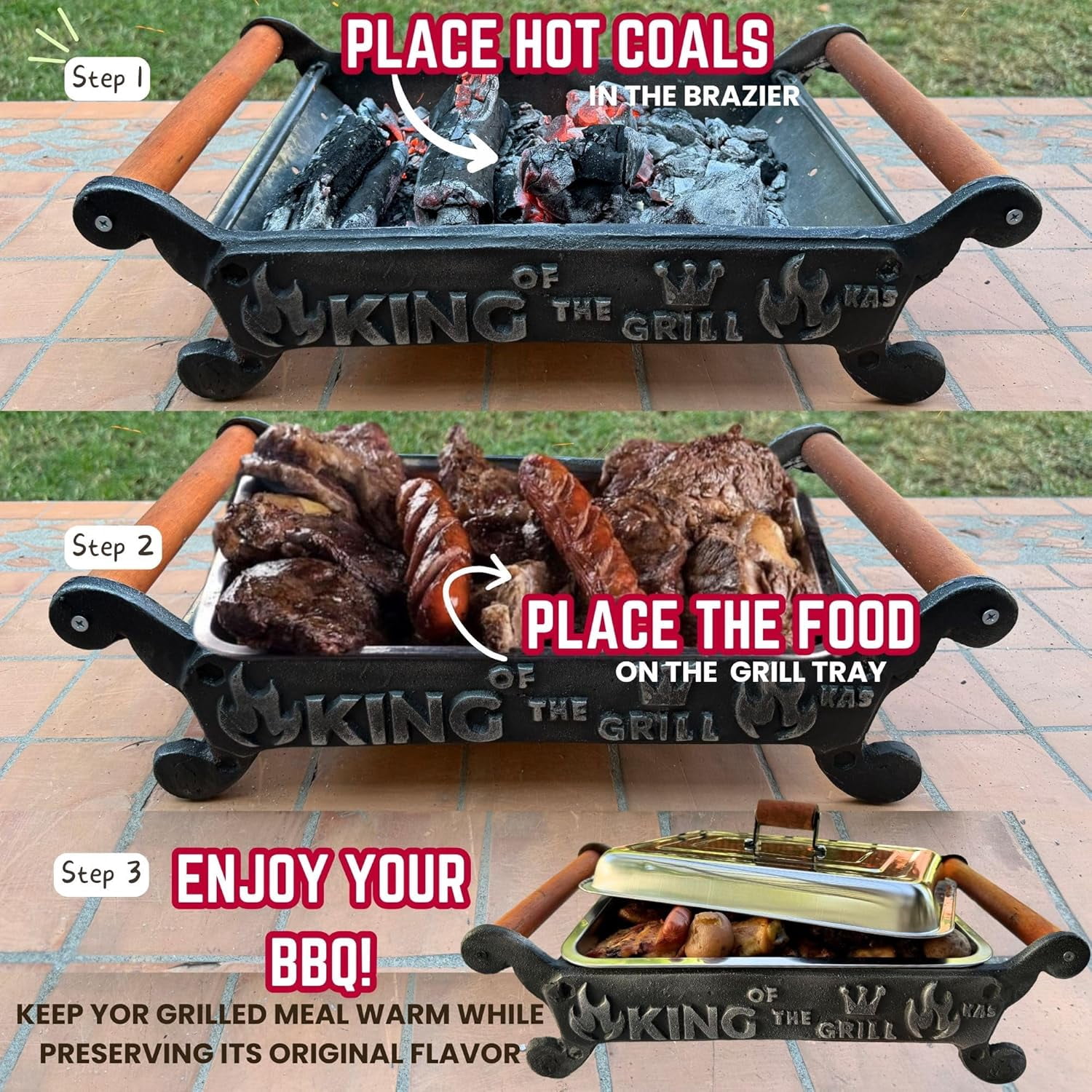 Handmade Cast Iron Tabletop Charcoal Grill & Food Warmer with Stainless Steel Tray, Wooden Handles, and Thermal Protector for Safe, Flavorful Grilling (King of the Grill)