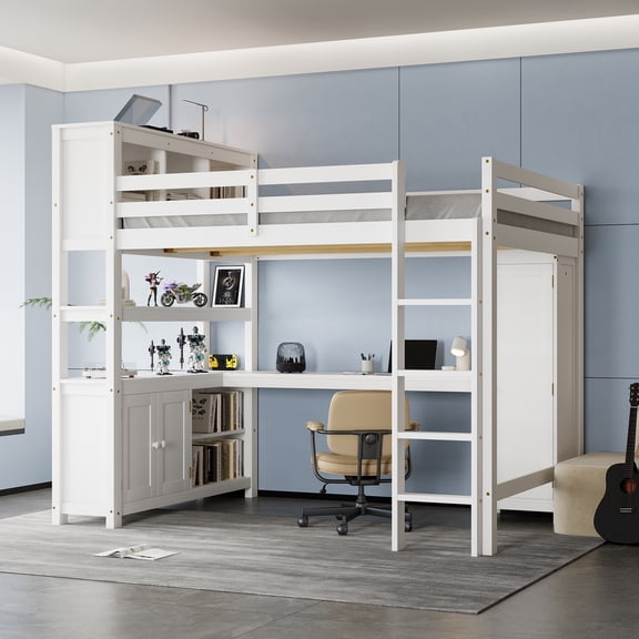 Queen Loft Bed with Wardrobe & Desk, Wood Loft Bed with Bookshelf and Storage Cabinet, Space Saving Full Loft Bed with Ladder, White
