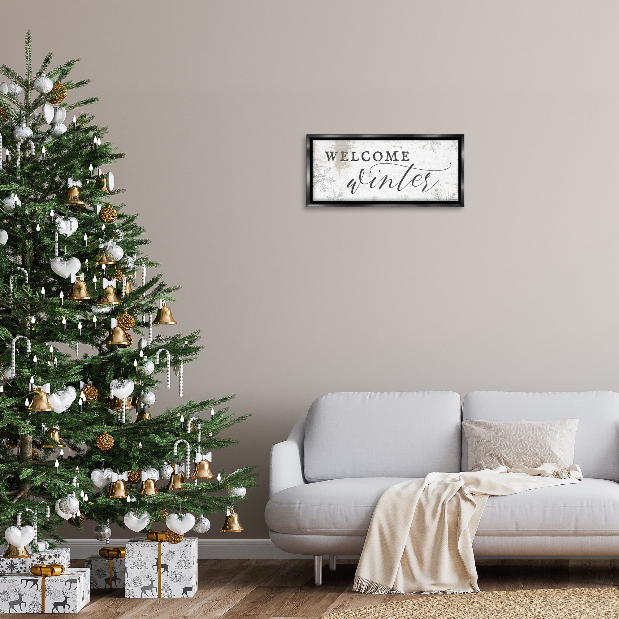 Stupell Industries Welcome Winter Snowflake Pattern Holiday Painting Black Floater Framed Canvas Art Print Wall Art, 25 x 11