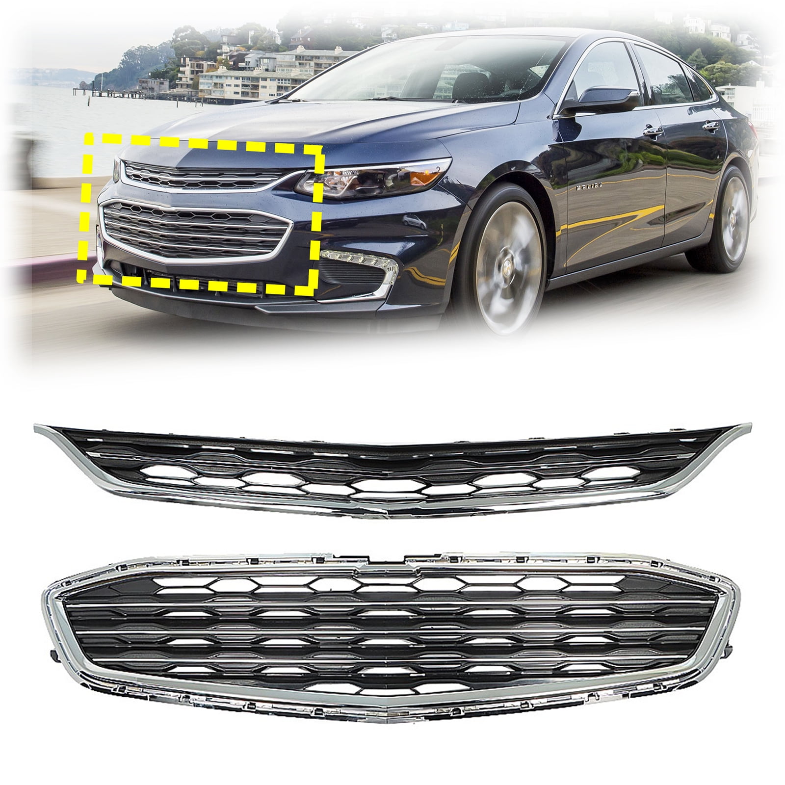 Chrome Front Grill Kit Upper Grilles Fit for Chevrolet Malibu 2016 2017 ...