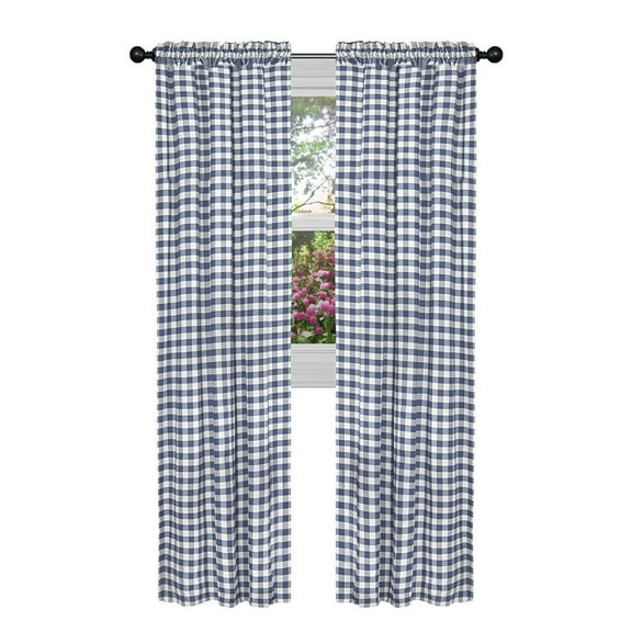2 Pack Country Farmhouse Basic Plaid Checkered Window Curtains - Navy Blue, 95 in. Long