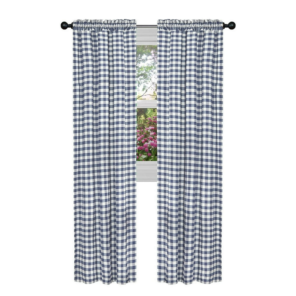 2 Pack Country Farmhouse Basic Plaid Checkered Window Curtains Navy