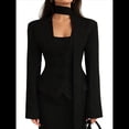 thumbnail image 1 of Chaqueta de Traje de Larga para Mujer, Color Liso, Cuello en V, Corte Entallado y Hombreras Negro XL, 1 of 8