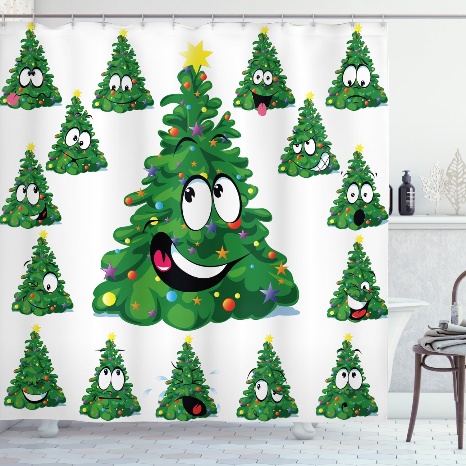 Waterproof Cartoon Christmas Ornaments Shower Curtain Bathroom Decor Set Hooks 