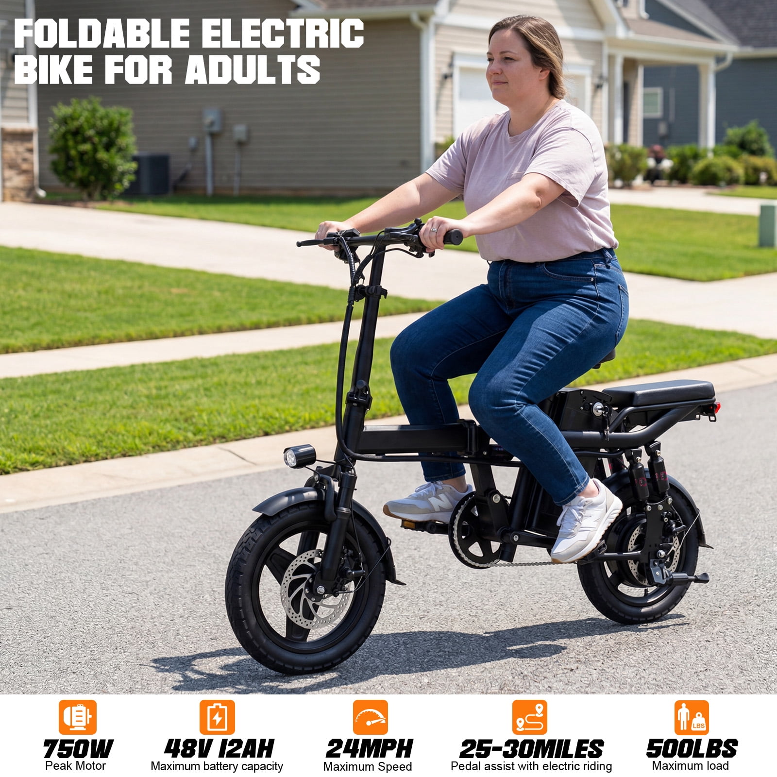 Terrosor 14-in Foldable Electric Bike - 48V 740W Motor, 19.9 Mph Maximum Speed, 18.6 Miles of Range, 330 lbs Load Capacity, Portable Folding Design, Suitable for Commuting and Short Trips Black