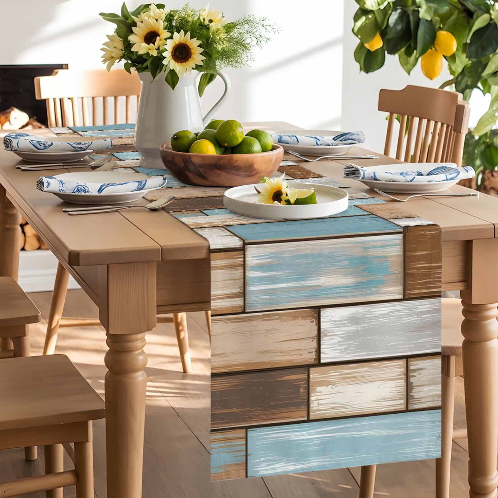 Vintage Farmhouse Wooden Board Table Runner 90 Inches Long, Rustic Blue Brown Wood Plank Table Runners Tabletop Scarf Kitchen Dining Tables Decoration for Home Party Indoor Outdoor