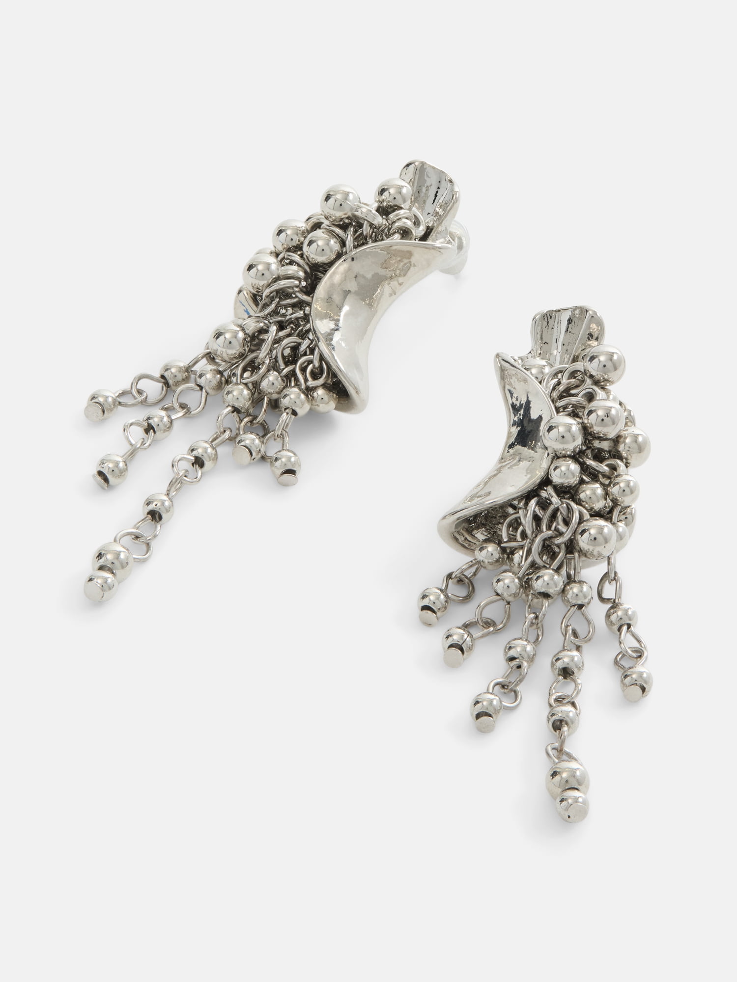 Scenario Women's Silver-Tone Textured Crescent Metal Beaded Fringe Drop Earrings