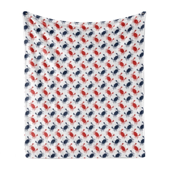 Crabs Soft Flannel Fleece Throw Blanket, Sea Animals Theme Crabs on the White Background with Vintage Style Pattern Print, Cozy Plush for Indoor and Outdoor Use, 60" x 80", Blue and Red, by Ambesonne