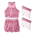 thumbnail image 4 of Xudanell Toddler Outfits for Girls Light Sequin Glitter Crewneck Top Shorts Sets Tassel Split Summer Dance Clothes, 4 of 4