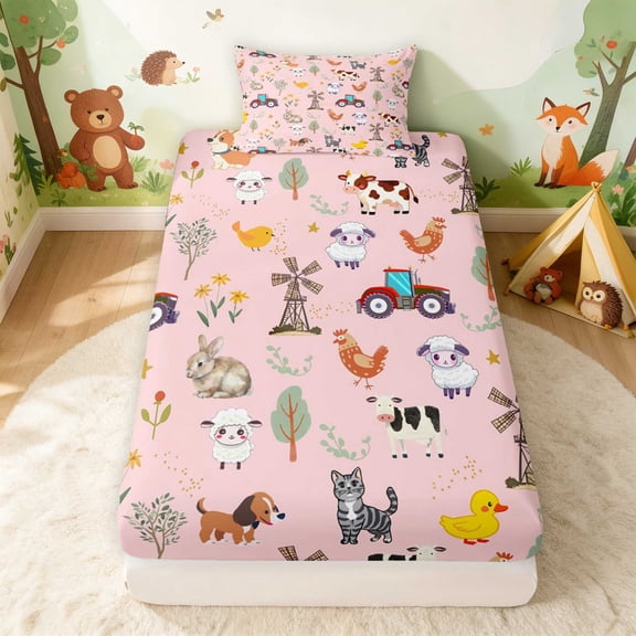Erosebridal Farm Animals Twin Fitted Sheet for Girls, Tractor Bedding, 2-Piece 1 Fitted Sheet and 1 Pillowcase