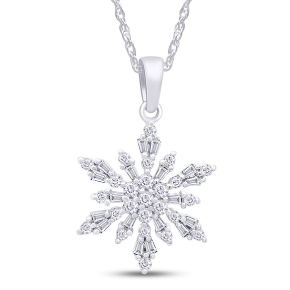 AFFY 0.75 Cttw Baguette & Round Cut Moissanite Diamond Snowflake Charm Pendant Necklace in 14k White Gold Over Sterling Silver, With 18" Chain