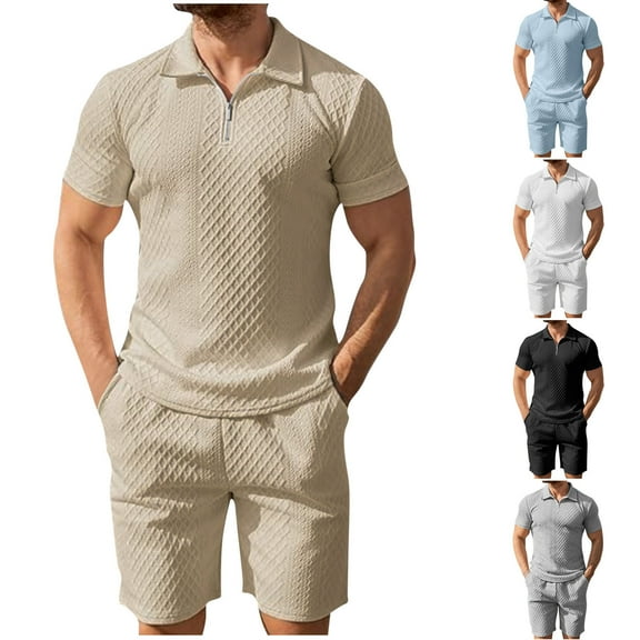 RYDCOT Men's Tracksuits 2 Piece Outfits, Short Sets for Men Casual Crewneck Summer Lapel Zipper T Shirt and Drawstring Athletic Short White XL(XL)