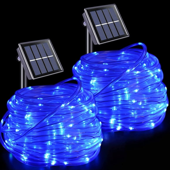YEGUO Luces solares para piscina LED impermeables para exteriores, paquete de 2 cada una, 33 pies, 100 luces LED de cuerda, luces de cadena de tubo de PVC transparente azul