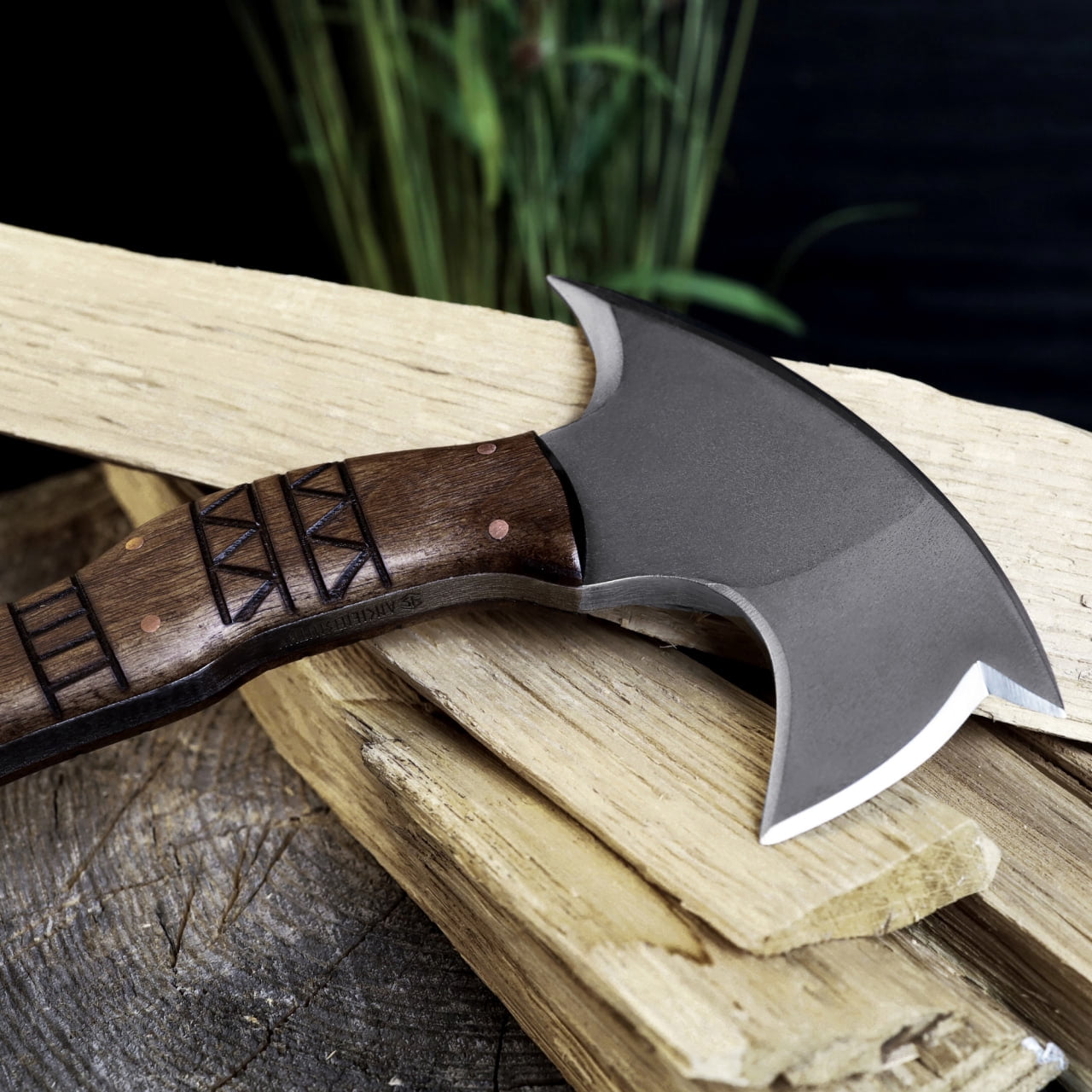 13.77" Camping Hatchet w/ Engraved Wooden Handle, Handmade Camping Axe