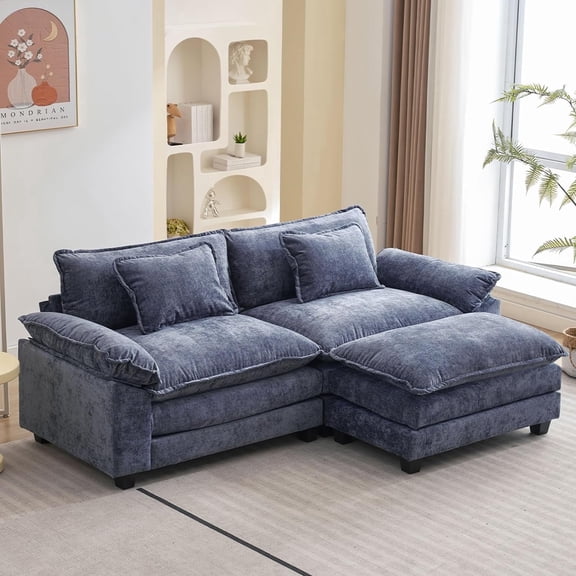 IPKIG Sectional Sofa Comfy Cloud Couch for Living Room with Pillows, Modern Chenille Sofa Sleeper Deep Couches with Ottoman (Blue, 3-Seat)