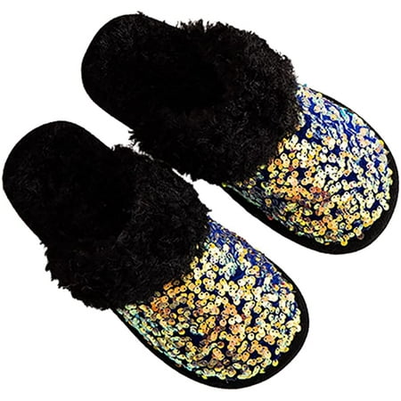 

DanceeMangoo Women Sequin Slippers Cozy Fluffy Fur Memory House Slides Winter Anti-Slip Indoor Outdoor Shoes