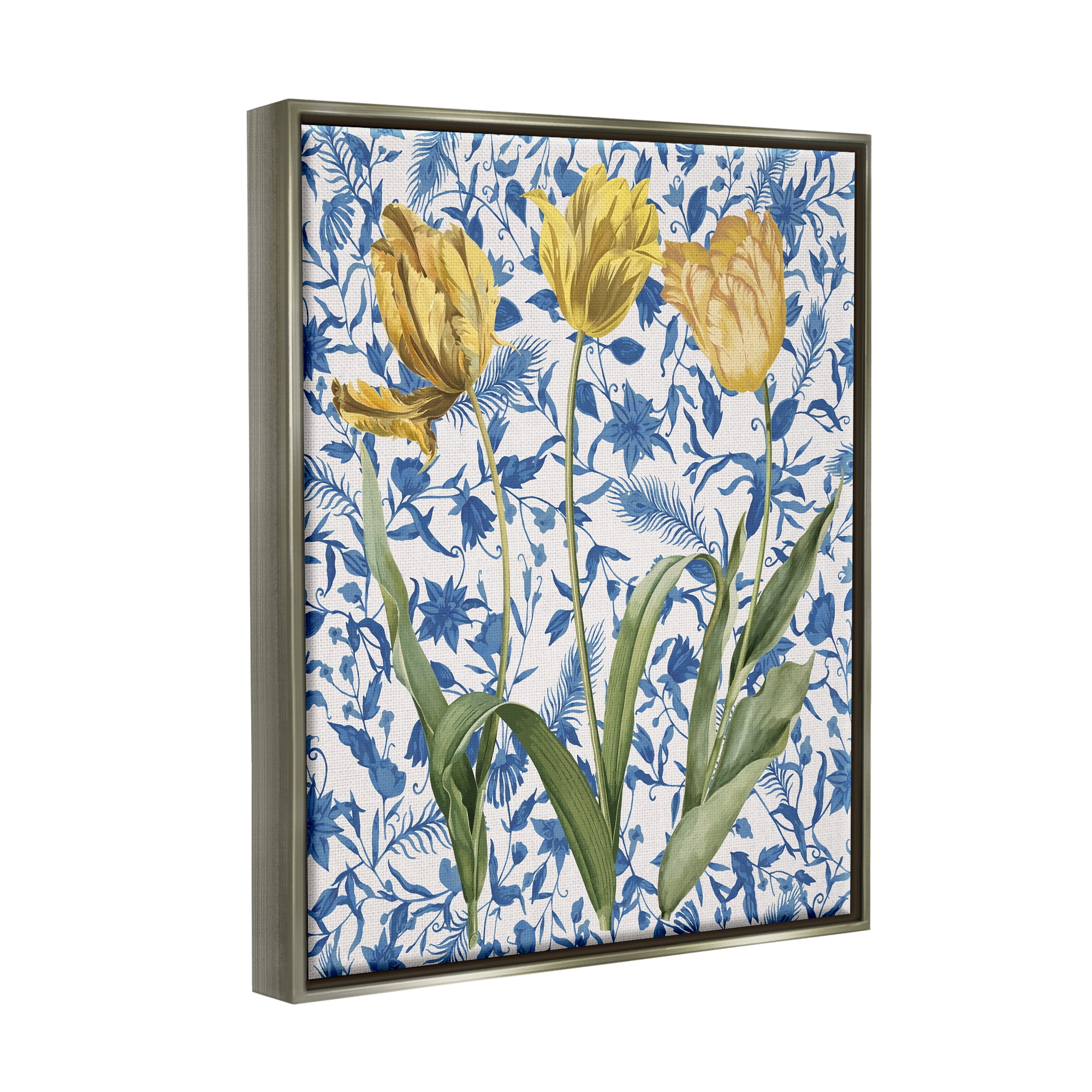 Stupell Industries Three Tulips on Toile Botanical & Floral Painting Gray Floater Framed Canvas Art Print Wall Art, 17 x 21