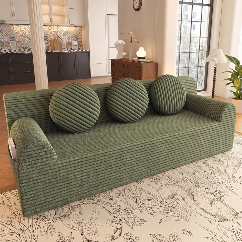 PORKISS 71 Inch Green Corduroy Couch, Boneless Cloud Couch, No Assembly Floor Sofa with 3 Round Pillows, Comfy 3 Seater Sofa Couch for Living Room, Apartment, Bedroom, Small Space