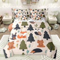 Homewish Cute Bear Fox Twin Bedding Sets 7-Piece for Boy, Kawaii Jungle Wildlife Bedding Comforter Set, Cartoon Pine Tree Reversible Sheet Sets, Lightweight Room Decor
