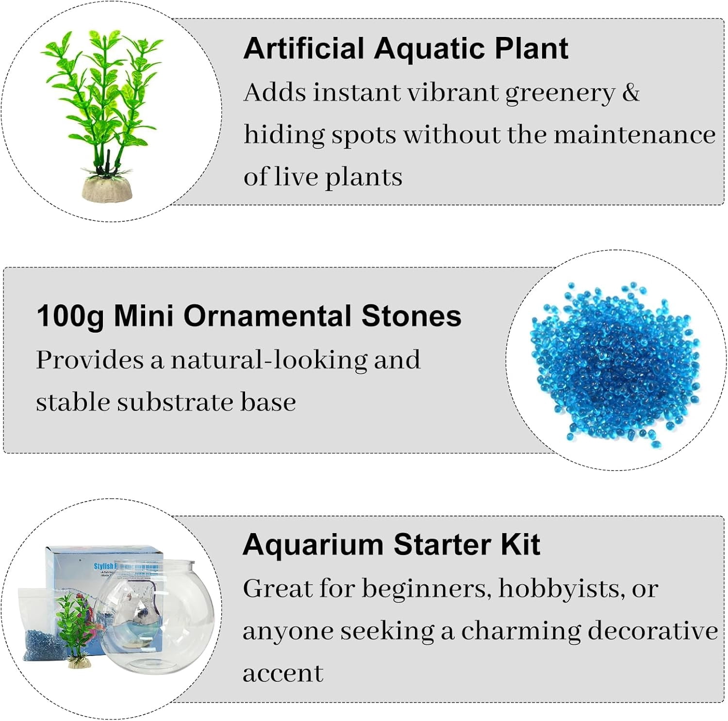Plastic Goldfish Fish Bowl Drum Round Crystal Clear Aquarium Fish Tank Starter Kits with 1 Artificial Aquatic Plant and 1 Bag Mini Ornamental Stones (0.72Gallon/ 2.75L)