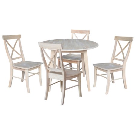 42 Round Solid Wood Dual Drop Leaf Table with 4 Chairs in Unfinished