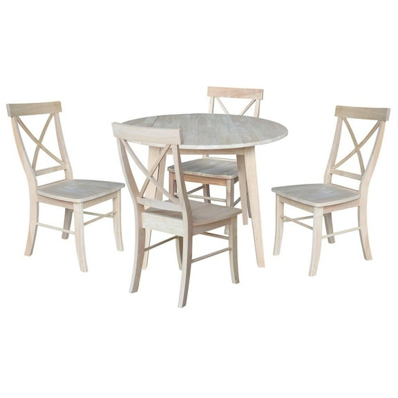 42" Round Solid Wood Dual Drop Leaf Table with 4 Chairs in Unfinished