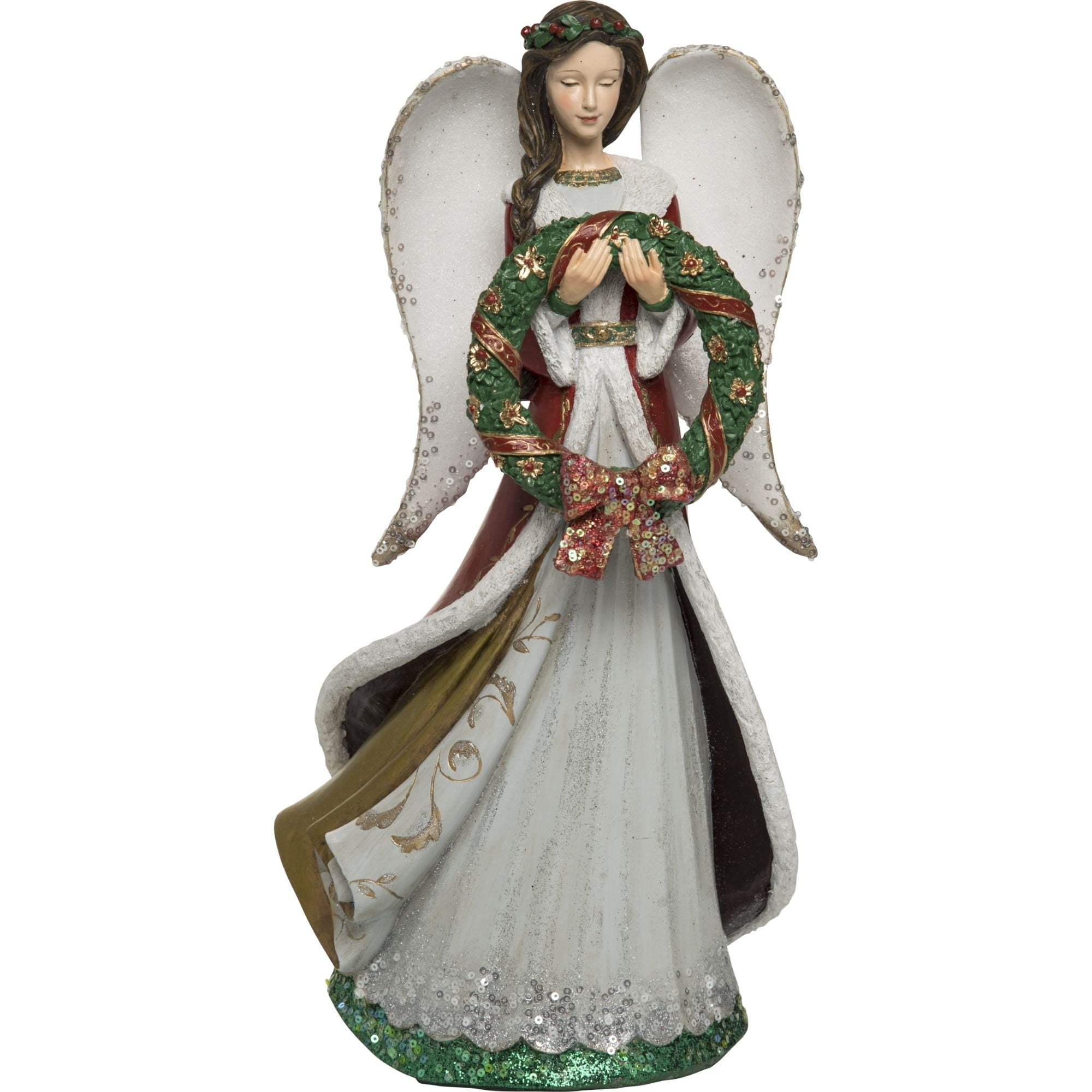 16" White and Green Angel Holding a Wreath Christmas Figurine Walmart