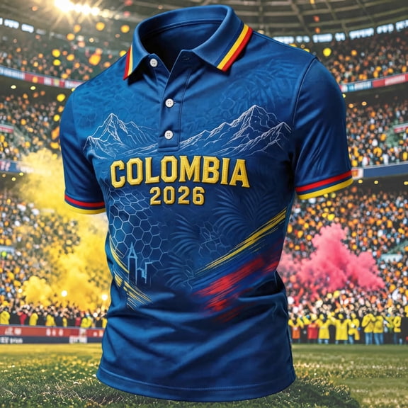 Colombia 2026 Soccer Cup Fan Jersey for Men, Short Sleeve Polo Shirt with Cityscape & Tricolor Graphic, Breathable Mesh Sports Top, 1 PC Blue L