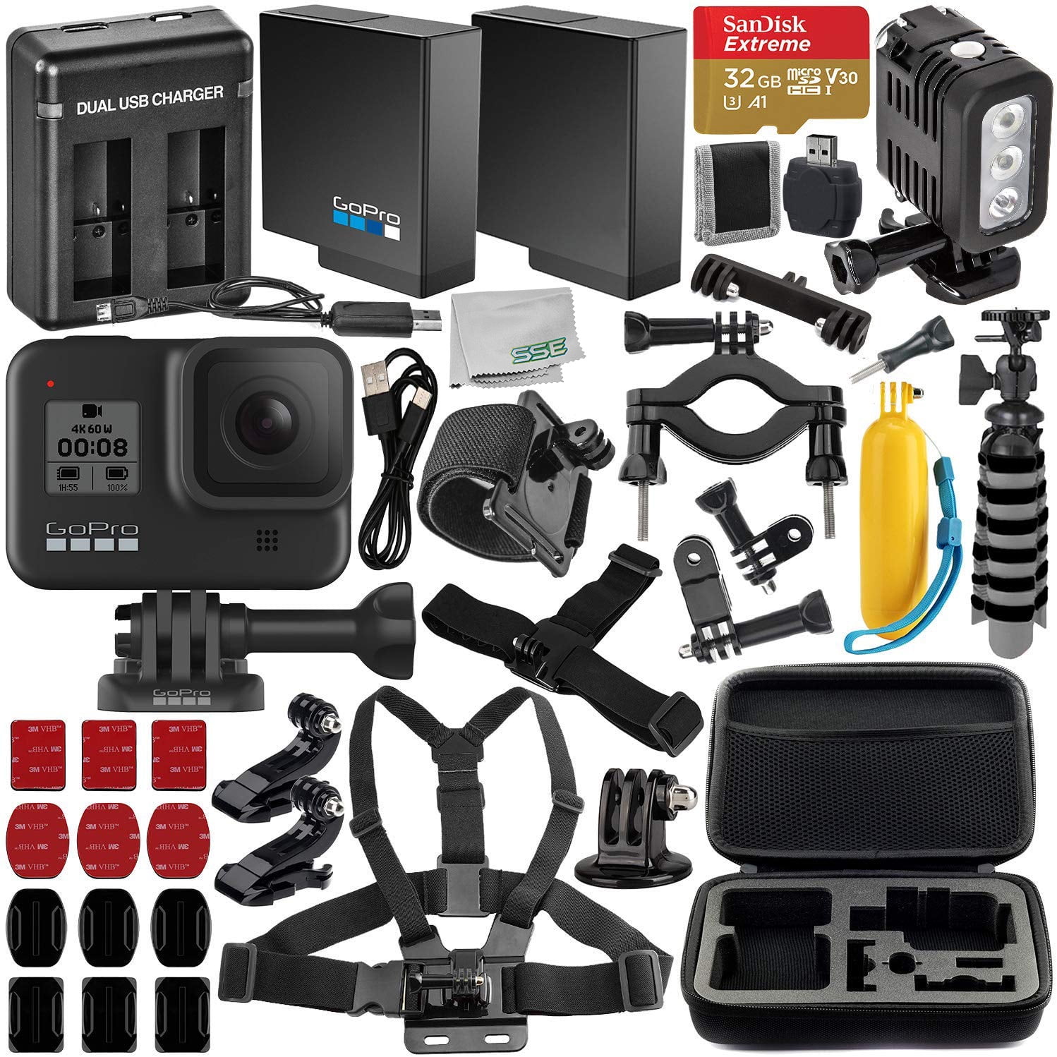GoPro HERO8 Black with Deluxe Accessory Bundle Includes: SanDisk Extreme microSDHC Memory Card, Spare Battery, Dual Battery Charger, Underwater LED Light & MUCH MORE -