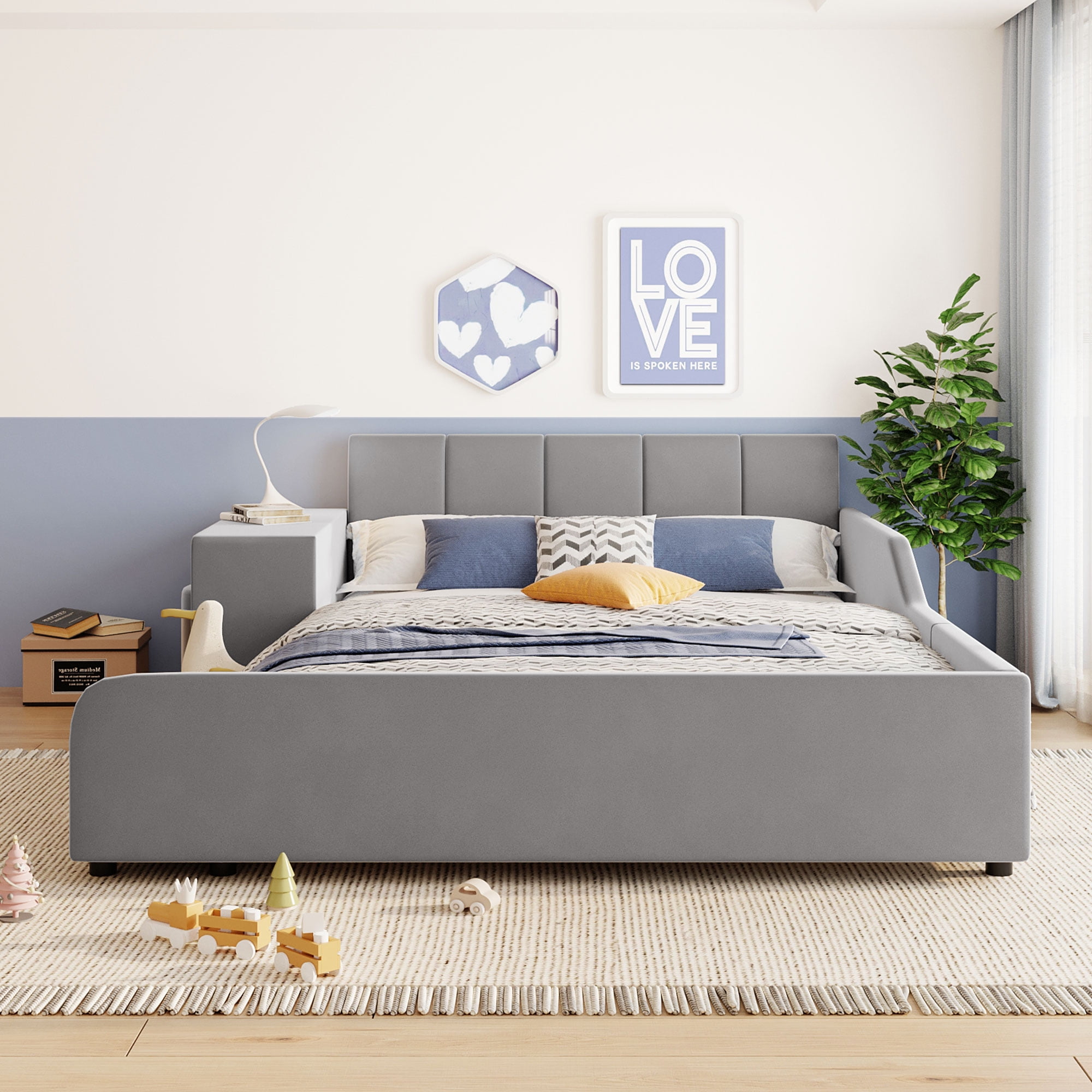 Aukfa Full Size Velvet Upholstered Mother & Child Bed Frame, Grounded Platform Bed with Bedside Desk & Round Stool, Floor Bed for Kids & Adults Bedroom, Gray