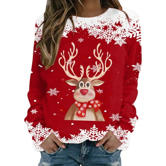 Fiaer Crewneck Sweatshirts Womens Christmas Deer Graphic Funny Xmas Plus Size Baggy Trendy Long Sleeve Pullover Tops Red XL